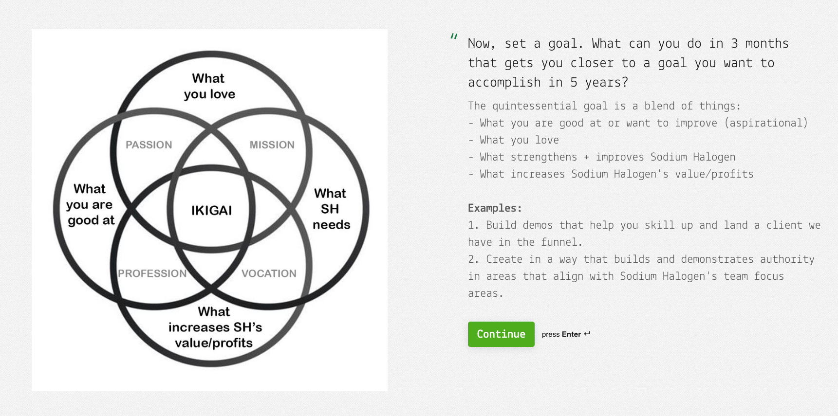 image of our checkup form asking the team member to pick a goal that aligns with their wants and needs and SH&rsquo;s too